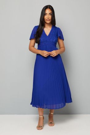 Wallis Womens Petite Lace Pleated Skirt Midi Dress - Blue - Size 12 UK