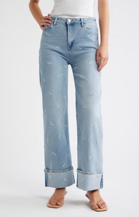 Tractr Flower Embroidered Cuffed Straight Leg Jeans in Light Indigo at Nordstrom, Size 32