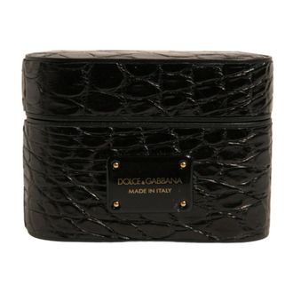 Dolce & Gabbana Phone Accessories, unisex, Black, Size: ONE SIZE Black Leather Metal Logo Airpods Case