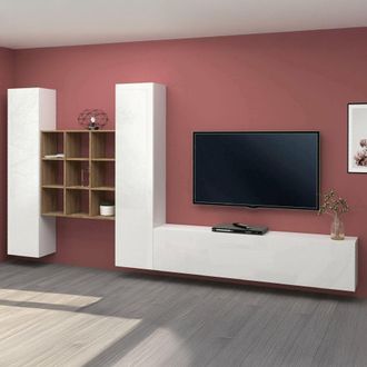 Dmora Pared Equipada Dcarbon, Conjunto De Sal&oacute;n Mueble De Tv Con 3 Puertas, Mueble De Sal&oacute;n Polivalente, 100% Made In Italy, Cm 270x30h180, Blanco Brillo Y 