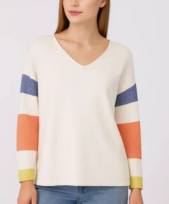 French Kyss V-Neck With Stripe Sleeve Top In Ivory/multi