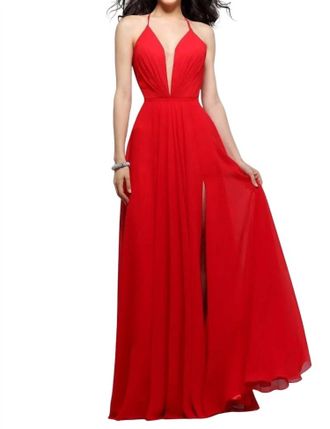 Faviana Chiffon V-Neck Evening Dress In Red