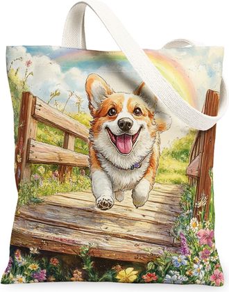 Generic Spring Corgi Dog Canvas Tote Bag for Shopping 13x15, Country Garden Puppy Reusable Grocery Print Pattern Bag for Women, Fun Flower Pet Beach Aesthetic