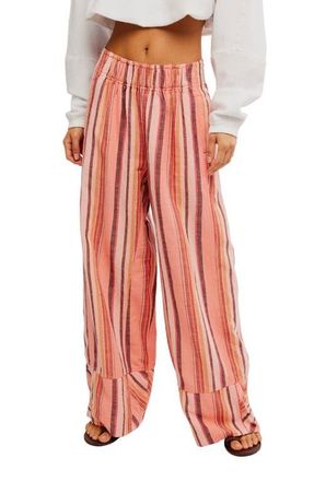 Free People Days End Stripe Wide Leg Linen Pants in Soft Coral Combo at Nordstrom, Size X-Small