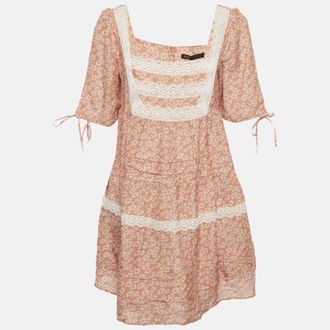 Maje Orange Floral Printed Linen Blend Lace Braid Dress