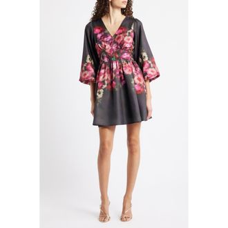 Ciebon Dea Placed Floral Minidress in Black/Fuschia at Nordstrom Rack, Size X-Small