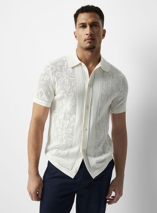 Le 31 Mens Patterned openwork knit Polo Shirt-collar cardigan