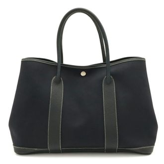 Herm&egrave;s Navy Toile Officier Leather Handbag Shoulder Bag Tote Bag (Pre-Owned)