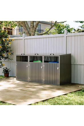 Living and Home Metal 3-Bin Storage Shed in Grey