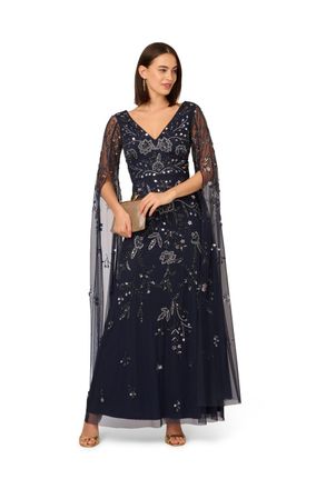 Adrianna Papell Womens Beaded Long Sleeve Dress - Blue - Size 14 UK