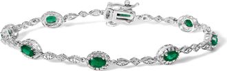 House of Brilliance 10K White Gold Oval Green Emerald & Diamond Alternating Link Bracelet