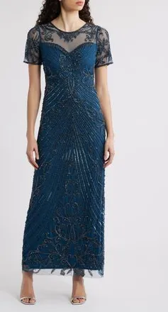 Pisarro Nights Illusion Beaded Mesh Column Gown in Peacock at Nordstrom Rack, Size 14
