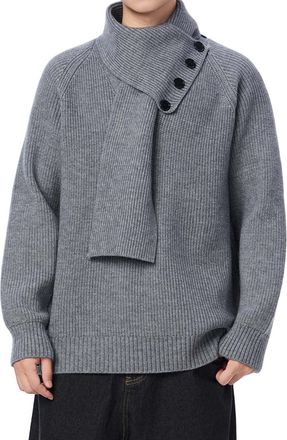 Generic Mens Winter Solid Color Sweater Coat Long Sleeve Pullover With Detachable Scarf Casual Warm Knitwear Outerwear For Cold Weather (Grey, XXL)