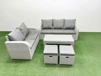 Fimous 7 Seater PE Rattan Wicker Garden Furniture Patio Conservatory Sofa Set with Oblong Coffee Table 3 Seater Sofa Love Sofa 2 Stools in Light Grey