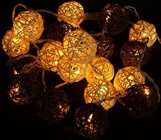 Guru Shop Rattan Ball LED Kugel Lampion Lichterkette - Braun/wei&szlig;, Lichterketten