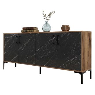 Dmora Aparador Pollein, Comoda 2 Estantes, 4 Puertas, 4 Compartimentos, 180x35x78h Cm Negro M&aacute;rmol