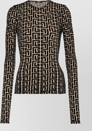 Balmain monogram velvet long-sleeve fitted top