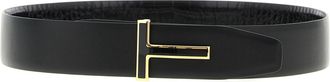 Tom Ford Reversible Crocodile-Effect Leather Belt - Black
