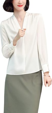Dissa Womens White Silk Blouses Pullover Shirts Top Solid Long Sleeve V Neck Blouse,XL,S3365