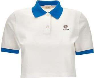 Versace Gender Inclusive Embroidered Medusa Cotton Piqu&eacute; Crop Polo in White Azure Blue at Nordstrom, Size 10 Us