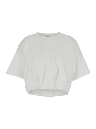 Pinko White Crop T-Shirt With Logo On The Front And Gathers In Cotton Woman