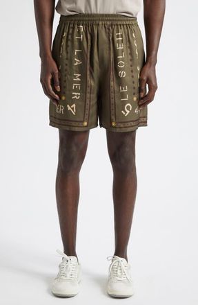 Balmain Club Printed Satin Shorts in Uix Khaki/Multi at Nordstrom, Size Xx-Large