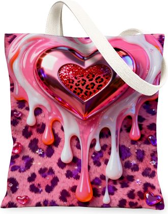 Generic Heart Drip Canvas Tote Bags, Stylish Leopard Print Reusable Grocery Bags, Cute Chic Lightweight Washable Shoulder Strap Can, Peach, 13x15 Inch