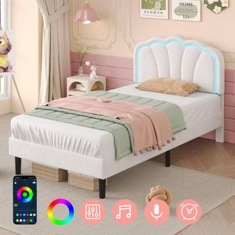 Matteo Single Velvet Bed Frame with Adjustable LED Shell Headboard - Cream