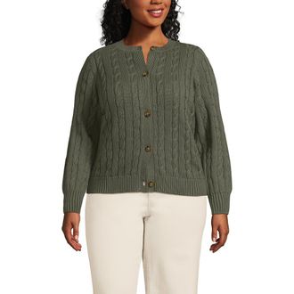 Lands End Drifter Classic Cable Crew Neck Cardigan Sweater in Forest Moss at Nordstrom, Size 3X