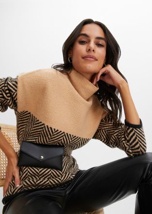 Bonprix Strickpullover BONPRIX, Damen, Gr. 52/54 (XXL), beige (latte macchiato, schwarz gestreift), Obermaterial: 75% Polyacryl, 22% Polyester, 3% Elasthan, f
