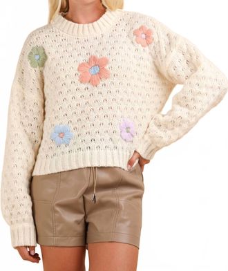Very J Hand Made Flower Applique Sweater Top In Cream