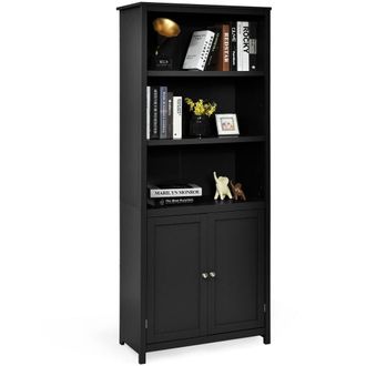 Costway Costway Wooden Tall Bookcase 3-Tier Shelving Storage Cabinet 2 Doors Display Organizer in Black