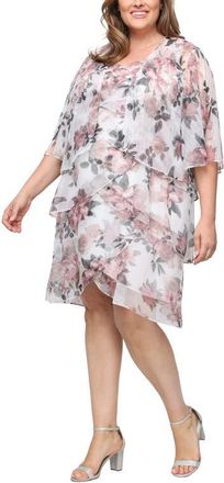 S.L. Fashions Tiered Floral Shimmer Cocktail Dress with Jacket in Blush Multi at Nordstrom, Size 14W