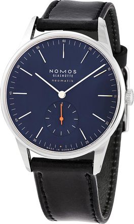 NOMOS Glash&uuml;tte Pre-owned Nomos Orion Automatic Blue Dial Black Leather Mens Watch 343