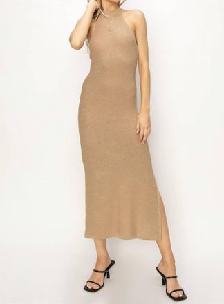 HYFVE Romantic High Neck Backless Sleeveless Midi Dress In Taupe