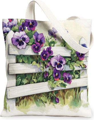 Generic Spring Pansy Fence Flower Canvas Tote Bag for Shopping 13x15, Farmhouse Cute Floral Reusable Grocery Print Bag for Women, Fun Country Beach Aesthetic 