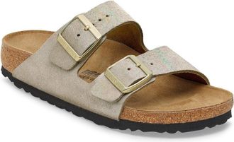 Birkenstock Womens Arizona Narrow Sandal In Taupe Suede Shimmering
