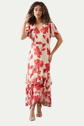 Wallis Floral Frill Hem Chiffon Maxi Dress in Red at Nordstrom, Size 12