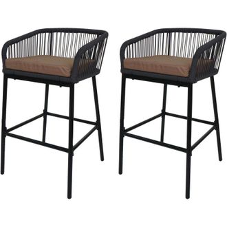Hhg [nunca Usado] Lote De 2 Taburetes De Bar De Cuerda Hhg-994, Taburete De Barra, Asiento Exterior Coj&iacute;n De Cuerda Metal, Antracita, Coj&iacute;n Topo