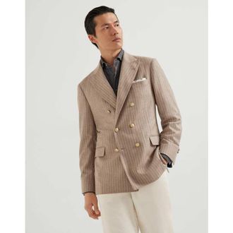 Brunello Cucinelli Mens Sand Grey Double Breasted Wool Silk Blazer, Size 52