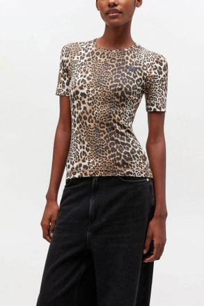 Ganni Mixed Leopard Rib T-shirt - Size XXS Organic Cotton