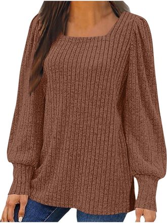 Generic Long Sleeve Jumpers for Women Square Neck Tops Lantern Sleeve Lightweight Sweaters for Leggings Ribbed Knit Sweatshirt Pullover Tunic Tops Ladies Over