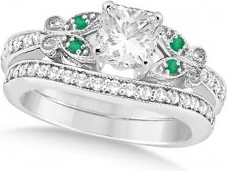 Allurez Princess Diamond & Emerald Butterfly Bridal Set in 14k W Gold (0.96ct)