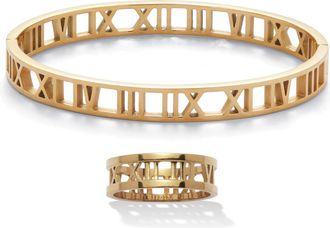 Palm Beach Jewelry Roman Numeral Gold Ion-Plated Stainless Steel Bracelet and Ring Set