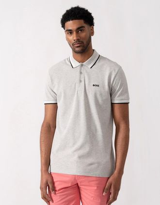 HUGO BOSS Mens BOSS Green Paddy Mens Cotton-Piqu&eacute; Polo Shirt with Contrast Logo - Silver 046 - Grey - Size: 40