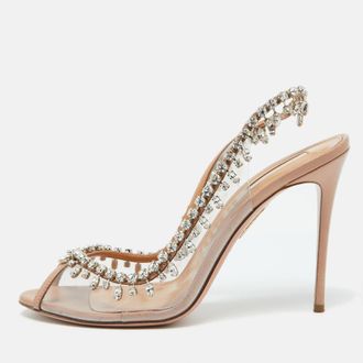 Aquazzura Beige Leather And Pvc Crystal Temptation Slingback Sandals