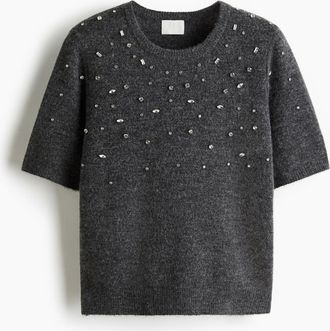 H&M Feinstrickpullover mit Strassverzierungen - Grau