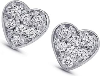 Pompeii3 14K White Gold Diamond Pave Small Heart Studs Dainty High Polished 5.7MM