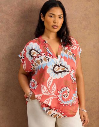 Live Unlimited London Womens Petite Coral Paisley Print Short Sleeve Top - Pink - Size: 22