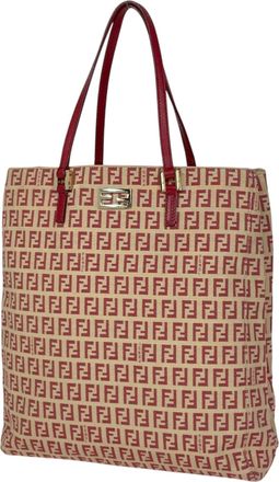 Fendi Beige Red Color Canvas Leather Handbag Tote Bag (Pre-Owned)